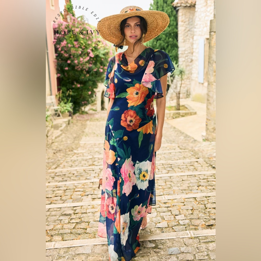 The Jean Cowl-Neck Maxi Dress with Waterfall Sleeves